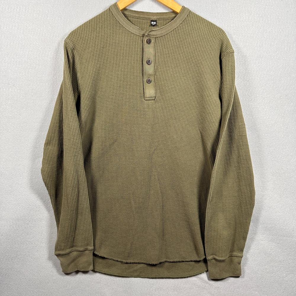 Uniqlo Mens Waffle Knit Henley Shirt Olive Green Long Sleeve Thermal Top Size M